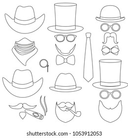 Line art black and white 6 man avatar element set. Hipster vector illustration for gift card certificate sticker, badge, sign, stamp, logo, label, icon, poster, patch, banner invitation