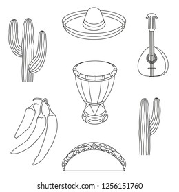 Line art black and white 7 mexican elements. Fiesta carnival set. Mexico theme vector illustration for icon, stamp, label, badge, certificate, leaflet, brochure or banner decoration
