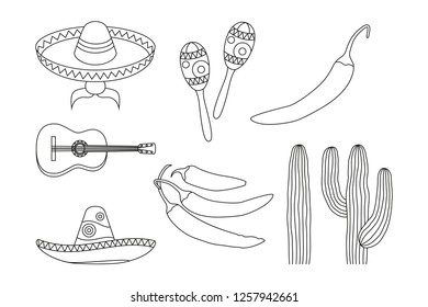 Line art black and white 8 mexican elements. Fiesta carnival set. Mexico theme vector illustration for icon, stamp, label, badge, certificate, leaflet, brochure or banner decoration