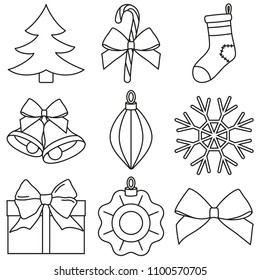 Line art black and white 9 xmas elements set. New year holiday decorations. Vector illustration for icon, logo, sticker, patch, label, badge, emblem, certificate, poster or gift card pattern