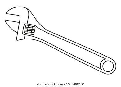 Line art black and white adjustable wrench. Handyman tool for home repair. Maintenance themed vector illustration for icon, logo, sticker, patch, label, sign, badge, certificate or flayer decoration
