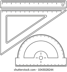 Line art black and white angle protractor straightedge ruler set. Education theme vector illustration for certificate banner sticker, badge, sign, stamp, logo, label, icon, poster, patch, sticker