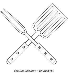 Line art black and white bbq fork spatula cross handle. Outdoors cooking vector illustration for gift card certificate banner sticker, badge, sign, stamp, logo, label, icon, poster, patch, sticker