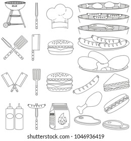 Line art black white bbq outdoors 23 element set. Food themed vector illustration for gift card certificate sticker, badge, sign, stamp, logo, label, icon, poster, patch