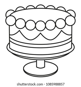 Line art black and white birthday cake on stand. Coloring page for adults and kids Sweet food vector illustration for sticker sign, certificate badge, gift card, label