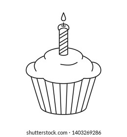 Line art black and white birthday cupcake, burning candle on top. Holiday party themed vector illustration for icon, stamp, label, certificate, brochure, gift card, poster, coupon or banner decoration