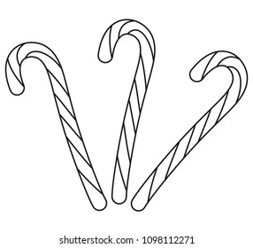 Line art black and white candy cane set. Coloring book page for adults and kids. Xmas themed vector illustration for icon, logo, sticker, patch, label, sign, badge, certificate or gift card decoration