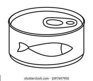 Line art black and white canned fish. Simple supply for domestic animal. Cat food vector illustration for icon, sticker, patch, label, badge, certificate or gift card decoration