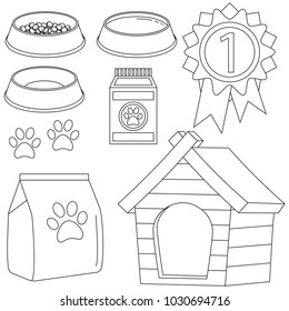 Line art black and white cat pet care icon set poster. Vector illustration for gift card, flyer, certificate banner, logo, patch, sticker