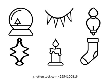 Line art black and white christmas elements set vector
