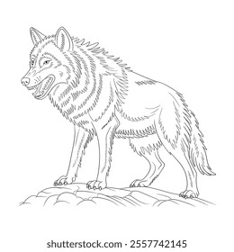 A line art black and white coloring page of a wolf