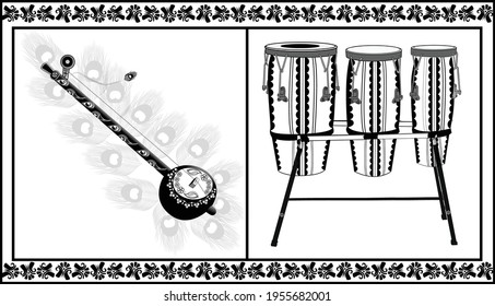 Arte de línea en blanco y negro Congo y Ektara. Instrumento musical festivo. Decoración de ilustraciones vectoriales en México. Diseño vectorial del instrumento de Ektara Music en la India de estilo de arte folclórico desi