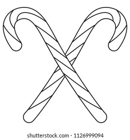 Line art black and white crossed candy cane. Coloring book page for adults and kids. Christmas holiday themed vector illustration for icon, logo, label, badge, certificate or gift card decoration
