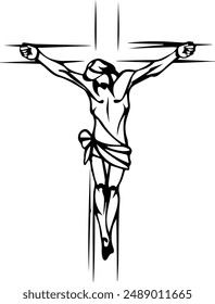 line art in black and white. Crucifixion of Jesus Christ. Conceptual design for Tattoo arts. Detailed line art illustration. 
