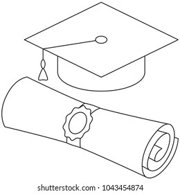 Line art black and white diploma scroll graduation hat set. Graduation theme vector illustration for gift card certificate banner sticker, badge, sign, stamp, logo, label, icon, poster, patch, sticker