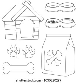 Line art black and white dog pet care icon set. Vector illustration for gift card, flyer, certificate banner, logo, patch, sticker