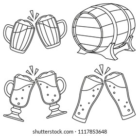 Line art black and white draft beer set. Oktoberfest elements collection. Autumn festival vector illustration for icon, sticker, patch, label, badge, certificate or banner decoration