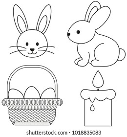 Line art black and white easter icon set bunny candle egg basket. Coloring book page for adults and kids. Vector illustration for gift card, flyer, certificate or banner, icon, logo, patch, sticker
