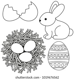 Line art black and white easter icon set egg shell bunny chicken nest. Coloring book page for adults and kids. Vector illustration for gift card, flyer, certificate banner, icon, logo, patch, sticker