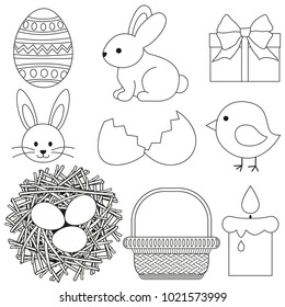 Line art black and white easter icon set 9 elements. Coloring book page for adults and kids. Vector illustration for gift card, flyer, certificate or banner, icon, logo, patch, sticker