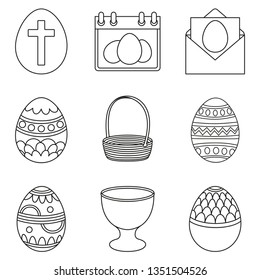 Line art black and white easter eggs set. Holiday christianity icons. Christian holiday themed vector illustration for stamp, label, certificate, brochure, gift card, poster, coupon banner decoration