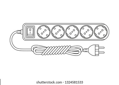 Line art black and white electric extension cord. Euro standard F type socket. Electricity themed vector illustration for icon, stamp, label, certificate, brochure, card, poster or banner decoration