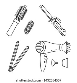 Line art black and white electric hairdresser tool set Beauty salon tool. Hair dresser equipment vector illustration for icon, stamp, label, certificate, brochure, leaflet, poster or banner decoration