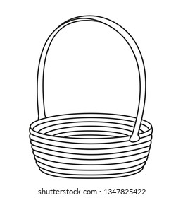 Line art black and white empty wicker basket. Farm eco bag. Easter themed vector illustration for icon, stamp, label, certificate, brochure, gift card, poster, coupon or banner decoration