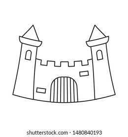 Line art black and white fairytale castle gate. Medieval theme vector illustration for icon, stamp, label, certificate, gift card, invitation, coupon or sale banner decoration