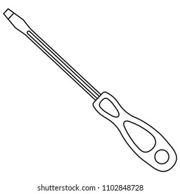 Line art black and white flathead screwdriver. Handyman tool for home repair. Maintenance themed vector illustration for icon, logo, sticker, patch, label sign, badge, certificate or flayer decoration