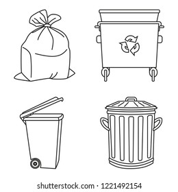 Line Art Black And White Garbage Collection. Trash Bins And Bag. Waste Disposal Themed Vector Illustration For Icon, Logo, Stamp, Label, Emblem, Certificate, Leaflet, Brochure Or Banner Decoration