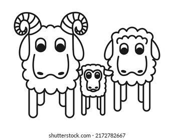 Line art black and white geometric stylized sheep family. Domestic cartoon animals. Farm themed vector illustration for icon, stamp, label, badge, sticker, gift card, or coloring book page.