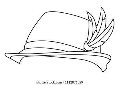 Line art black and white german feather hat. Coloring book page for adults and kids Oktoberfest festival themed vector illustration for icon, sticker, label, badge, certificate or ad banner decoration