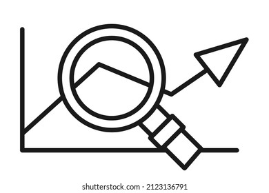 Icono de análisis de gráficos en blanco y negro de líneas. Gráfico dinamico en lupa. Ilustración vectorial para el afiche, folleto, sitio web o decoración de aplicaciones.