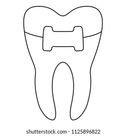 Line art black and white healthy tooth in brace. Coloring book page for adults and kids. Dental care vector illustration for icon, logo, stamp, label, badge, certificate, leaflet or banner decoration