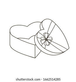 Line art black and white heart box. Wedding gift present. St. Valentine day themed vector illustration for icon, stamp, label, card, poster or banner decoration. Doodle gift boxes with bows.