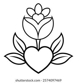  line art black and white heart flower, Hand drawing doodle outline valentine day coloring page elements