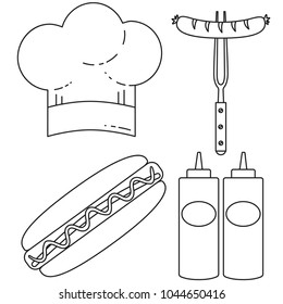 Line art black and white hot dog cooking set. Food themed vector illustration for gift card certificate sticker, badge, sign, stamp, logo, label, icon, poster, patch