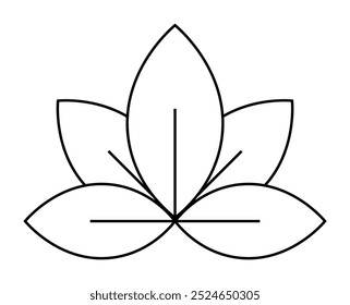 Flor de loto en blanco y negro con cinco pétalos en disposición simétrica. Ideal para temas de yoga, meditación, bienestar, belleza, naturaleza y simplicidad. Estilo de Vector minimalista.