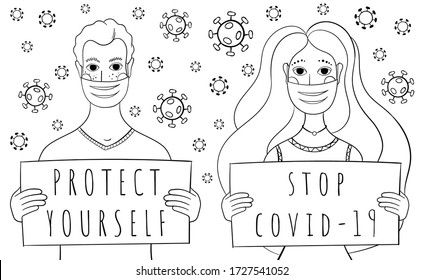 Line art, black and white, man and woman in gloves and medical protective masks stand and hold the sign with coronavirus information agitation. Many microscope virus around them. Simple illustration.