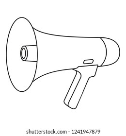 Line art black and white megaphone. Street audio advertising device. Media theme vector illustration for icon, logo, stamp, label, badge, certificate, leaflet, poster, brochure or banner decoration