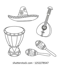 Line art black and white mexican music set. Fiesta carnival elements. Mexico theme vector illustration for icon, stamp, label, badge, certificate, leaflet, brochure or banner decoration