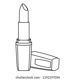 Line art black and white open lipstick. Lip balm container with cap. Beauty cosmetics themed vector illustration for icon, stamp, label, sticker, badge, gift card, certificate or flayer decoration