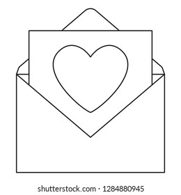 Line art black and white open love message. Envelope with heart greeting card. St Valentine day themed vector illustration for icon, stamp, label, badge, certificate, poster or banner decoration