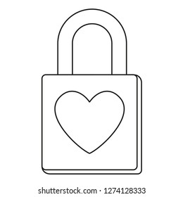 Line art black and white padlock. Wedding love heart symbol. St. Valentine day themed vector illustration for icon, stamp, label, certificate, brochure, gift card, poster or banner decoration
