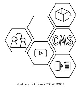 Line art black and white pattern of cms elements. Hexagon arrow point left. Content management system vector illustration for web site, banner or leaflet design