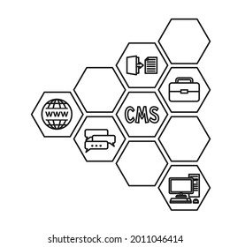 Line art black and white pattern of cms elements. Hexagon arrow point left. Content management system vector illustration for web site, banner or leaflet design