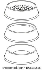 Line art black and white pet food empty and full bowl set. Cat dog care themed vector illustration for gift card, flyer, certificate banner, logo, patch, sticker