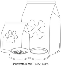 Line art black and white pet food poster. Pet care themed vector illustration for gift card, flyer, certificate banner, logo, patch, sticker