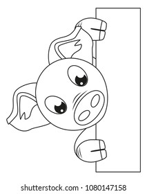 Line art black and white pig holding vertical poster. Coloring page for adults and kids. 2019 year chinese symbol. Farm animal vector illustration for icon, certificate, gift card, stamp, poster,